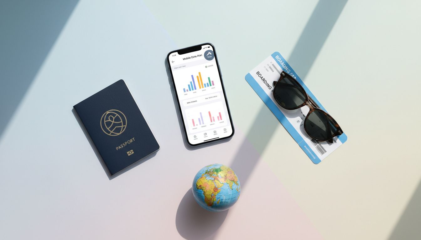 Smartphone affichant une offre eSIM avec réduction, passeport et accessoires de voyage