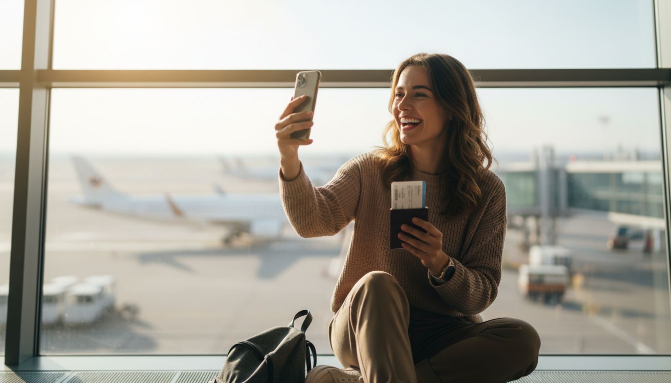 Voyageuse souriante consultant son smartphone à l'aéroport